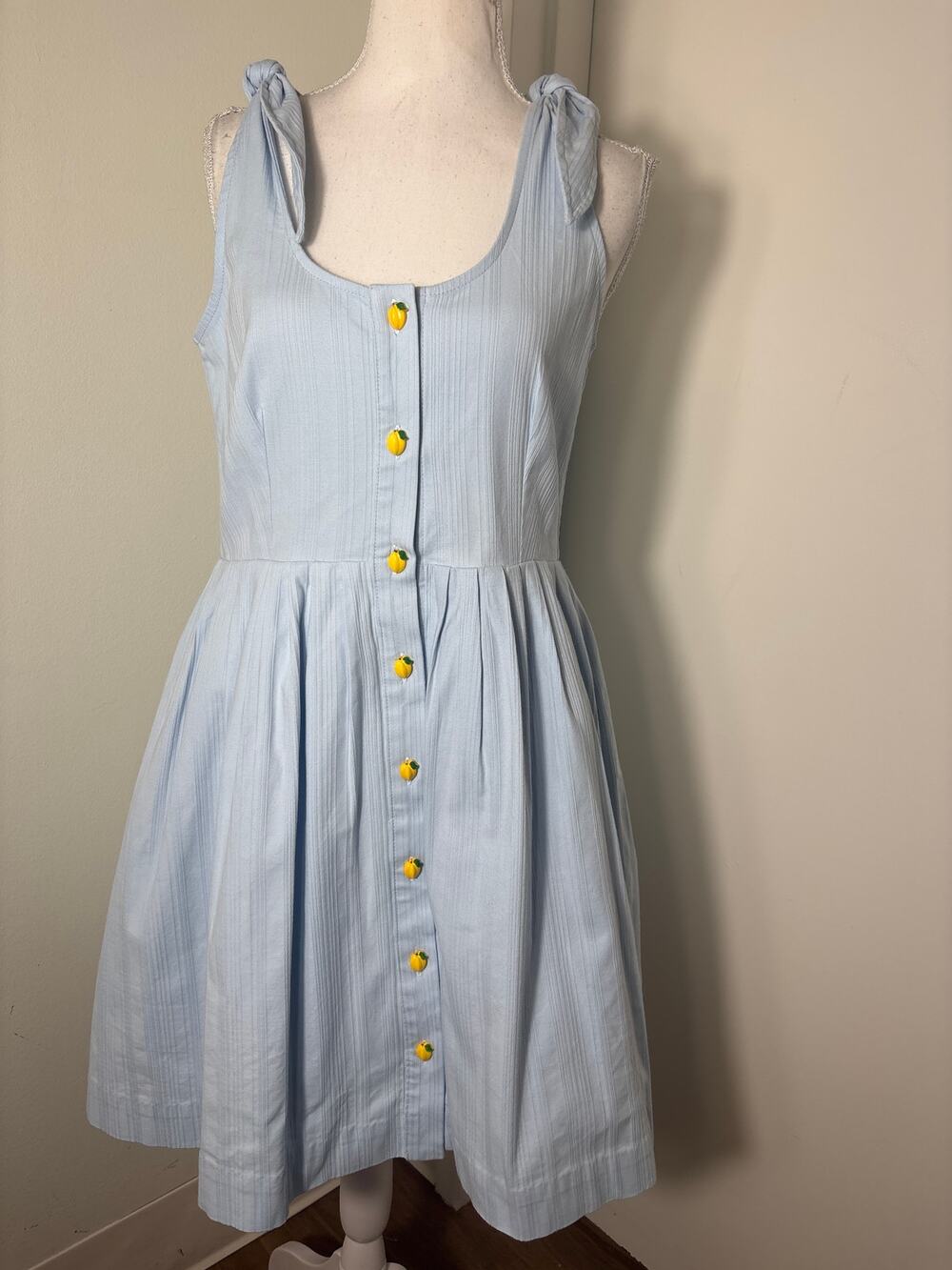 Buru Baby Blue Tie Shoulder A Line Lemon Button Dress Sz S